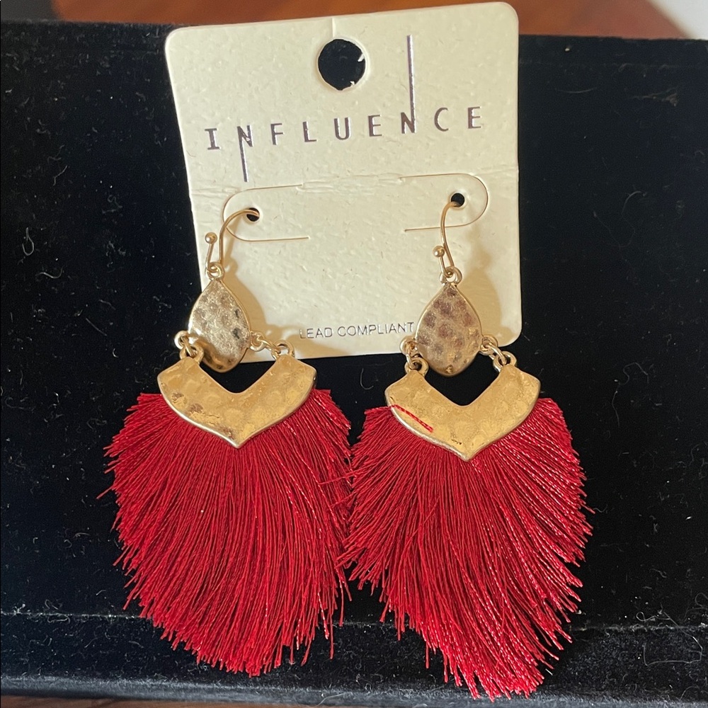 Influence Red Fringe Teardrop Earrings with Gold Accents NWT